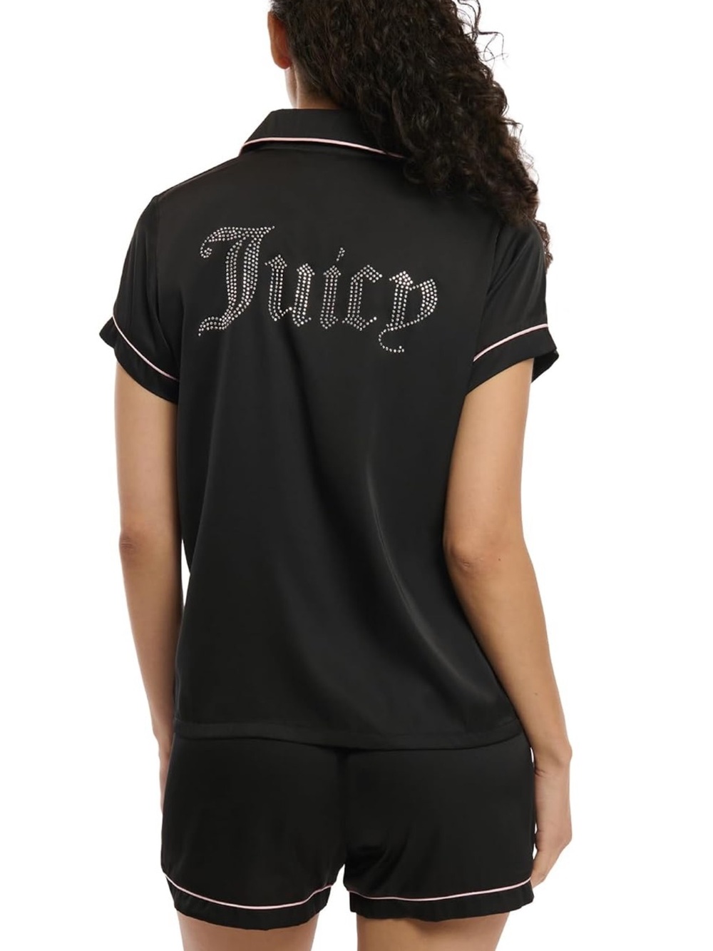 Juicy Couture Satin Pajama Rhinestone Logo  Shirt- Black Baby Pink | Size SMALL